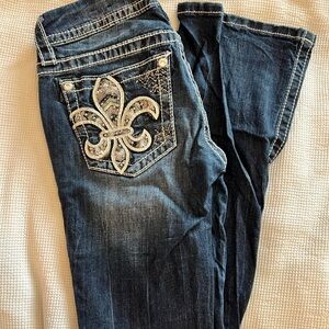 Miss Me Dark Blue Bootcut Jeans with Embellished Fleur-de-Lis Pocket